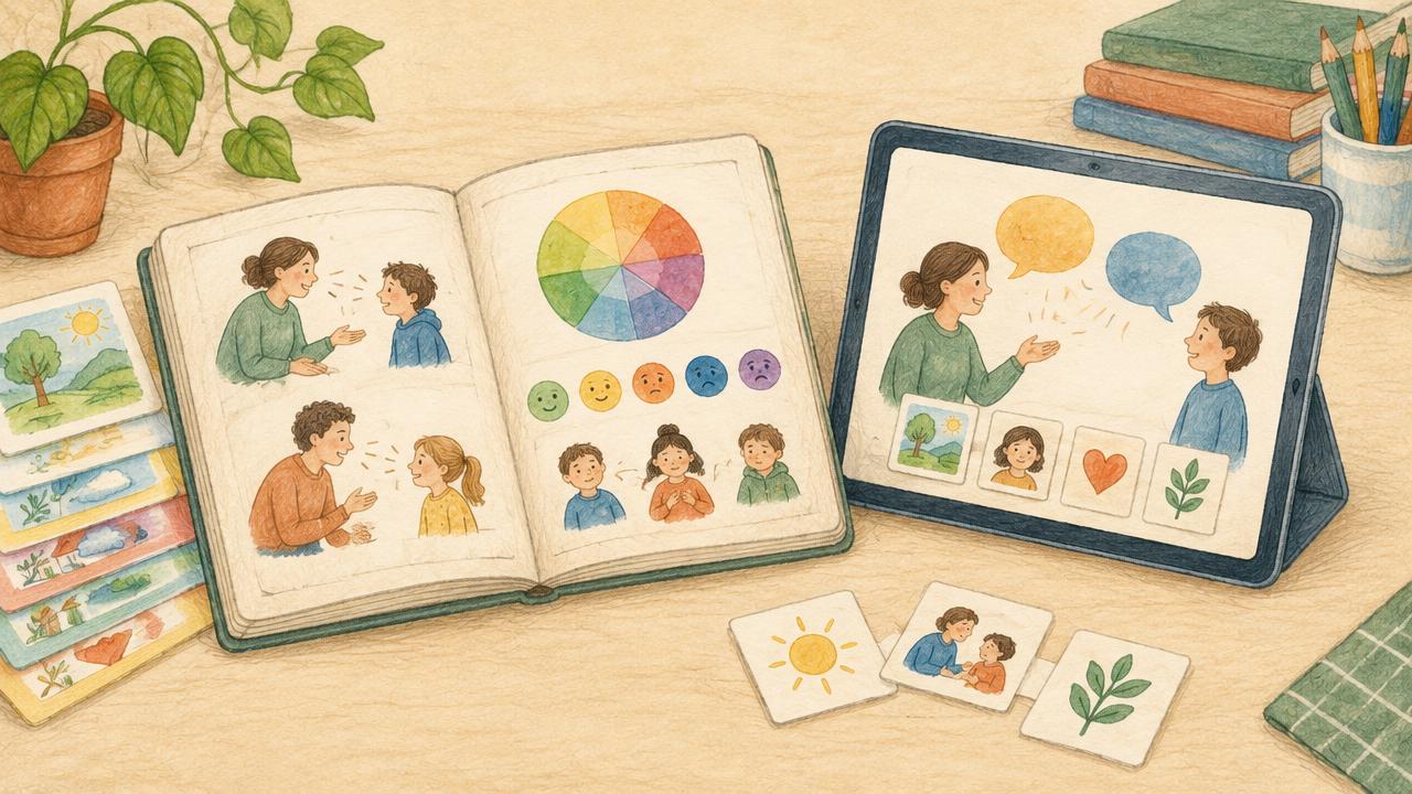 Gezeichnetes Lernbuch neben einem digitalen Gespräch mit der PRO-Begleitung